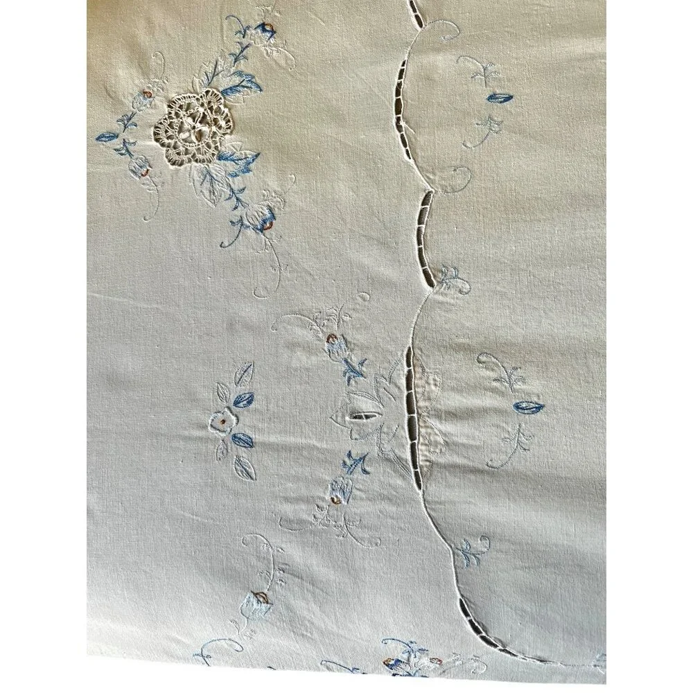 Embroidered Tablecloth With Blue Floral Cutwork Crocheted Inserts Vintage